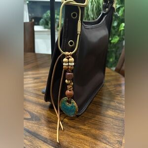 LuckyLu Upcycled Bag Charm Ceramic Teal Blue Beaded Brass Tone Carabiner